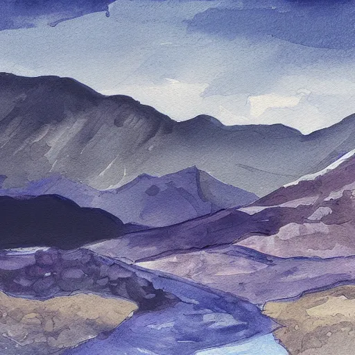 Prompt: painting of an obsidian landscape with mountains