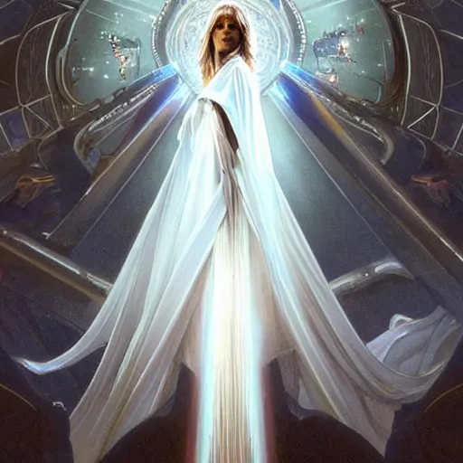 Prompt: perfectly - centered - portrait of celine dion wearing white cloak holding light saber, intricate, highly detailed, digital painting, artstation, concept art, smooth, sharp focus, illustration, unreal engine 5, 8 k, art by artgerm and greg rutkowski and alphonse mucha