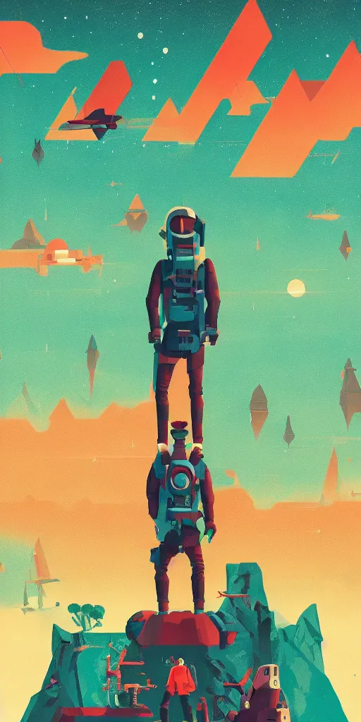 Image similar to no mans sky, dark 2D matte gouache illustration, poster, style of wes anderson