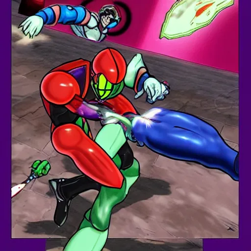 Prompt: samus aran punching ridley in the throat