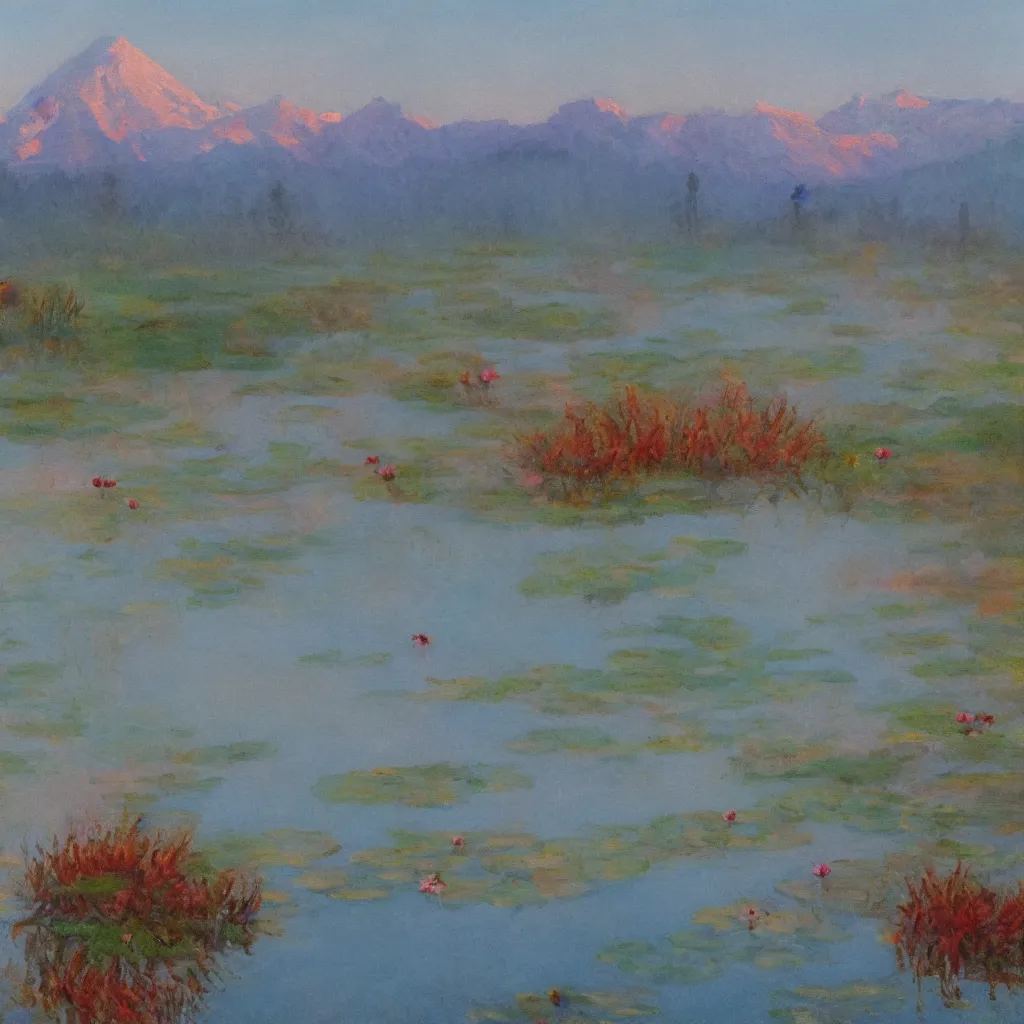 Image similar to impressionism painting of a pond of water lily on a foggy morning, red barn in distance, sun low on horizon through snow capped mountains, soft light