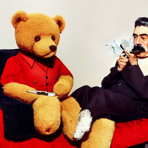 Image similar to professional picture of Joseph Stalin smoking a joint and sitting next to an anthropomorphic teddy bear on a couch, dslr, cinematic, detailed and realistic face,