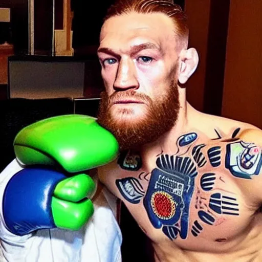 Image similar to “a realistic detailed photo of a guy who is an attractive humanoid who is half robot and half humanoid, who is a male android, boxer Conor McGregor, shiny skin, posing like a statue, blank stare”