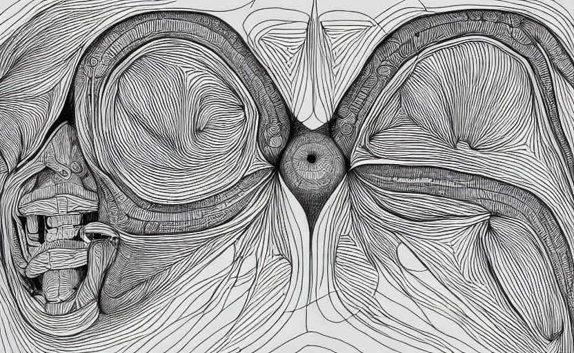 Image similar to symmetry! portrait of face to face humans scientific intelligence meet, mooc, organic and intricate, elegant, highly detailed, concept art, smooth lines, sharp focus, lineart, illustration, shadows, penned with thin rotring pen on white, 8 k