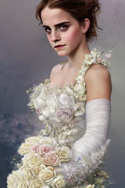 Image similar to Emma Watson in a decorated dress made of white and cream colored roses, holding a realistic and detailed white swan in her arms, highly detailed, digital painting, Trending on artstation , HD quality, by artgerm and greg rutkowski and alphonse mucha, dramatic light, octane