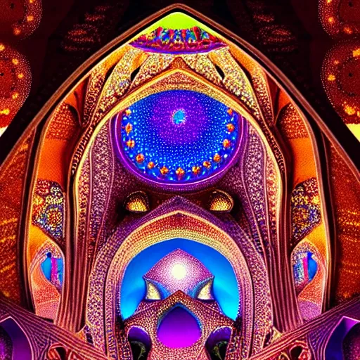 Image similar to cosmic cathedral created by the gods, intricate muqarnas, beautiful colors, bold architecture, detailed, 4 k