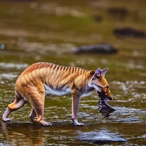 Image similar to close up photo of a rare thylacine, drinking water from a lake in tasmania, bokeh, 1 0 0 mm lens, 4 k. 8 k hd. award winning nature photography. cover of national geographic