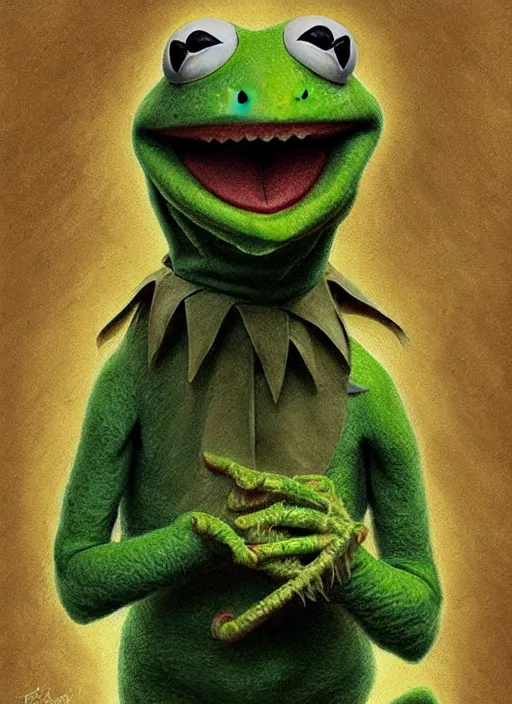 Prompt: portrait of Kermit the frog from The Exorcist (1973), intricate, highly detailed, centered, digital painting, artstation, concept art, smooth, sharp focus, decayed, illustration, artgerm, donato giancola, Joseph Christian Leyendecker, WLOP, Artgerm