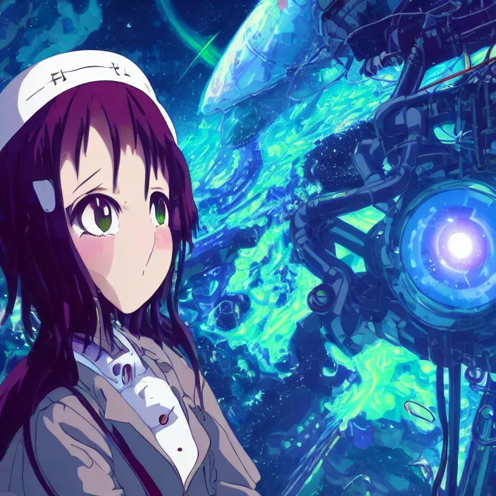 Image similar to close up of Albedo from overlord, close up of mamimi samejima from flcl, psychedelic background, epcot, inside a space station, eye of providence, female anime character, Lain, uwu, uwu, Luminism, surrealism, Ruan Jia, uwu Hi-Fructose, Artstation, HD, HDR, High Resolution, giygas