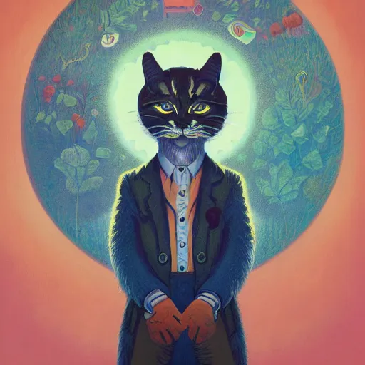 Image similar to portrait of a young disillusioned young man, by louis wain and simon stalenhag, trending on artstation