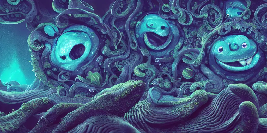 Image similar to of an intricate deep sea with strange cute friendly happy creatures with huge eyes, long tongue, round teeth and goofy funny face, appearing from the background, in the style of gehry and gaudi, macro lens, shallow depth of field, ultra detailed, digital painting, trending artstation, concept art, illustration, cinematic lighting, photorealism, epic, octane render