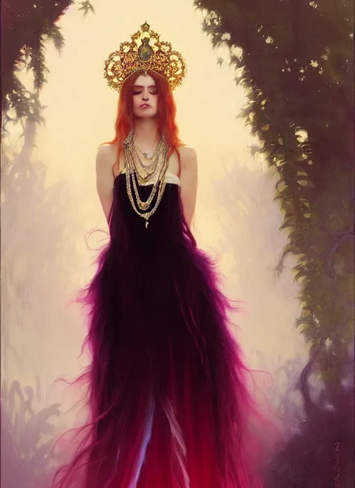 Image similar to ombre velvet gown, feathers, lovely bohemian princess, portrait, long white hair, tiara, dozens of jeweled necklaces, feral languid woman, by greg rutkowski, brom, anato finnstark, alphonse mucha