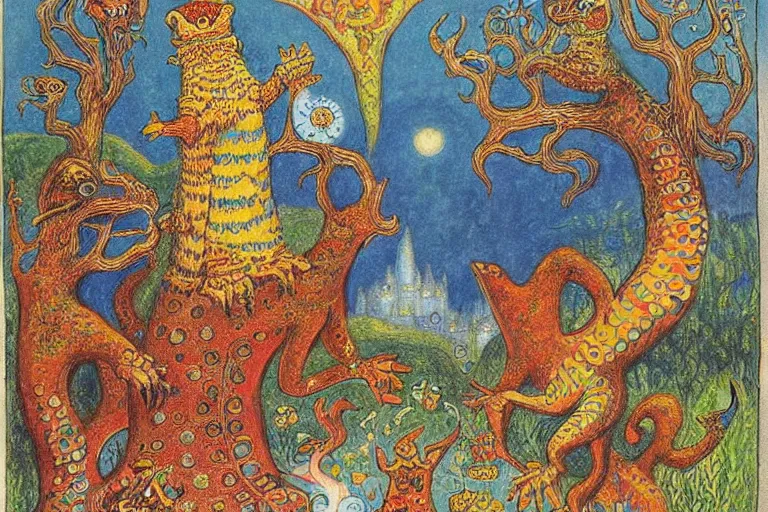 Image similar to a fantasy illustration, Castle of the lizard king by Louis Wain (1920)