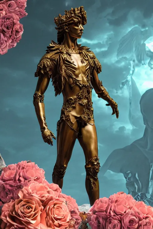 Prompt: a young handsome Spanish prince in a full-body bronze cyberpunk style statue of Icarus posed like a bird, crown of peach roses, flowing teal-colored silk, fabric, flowers. baroque elements, human skull. full-length view. baroque element. intricate artwork by caravaggio. many many birds birds on background. Trending on artstation, octane render, cinematic lighting from the right, hyper realism, octane render, 8k, depth of field, 3D