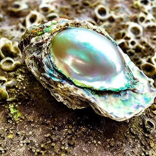 Prompt: a beautiful rendering of a dirty old corroded oyster with algae and barnacles growing on it, a glowing pure perfect iridescent pearl on the inside
