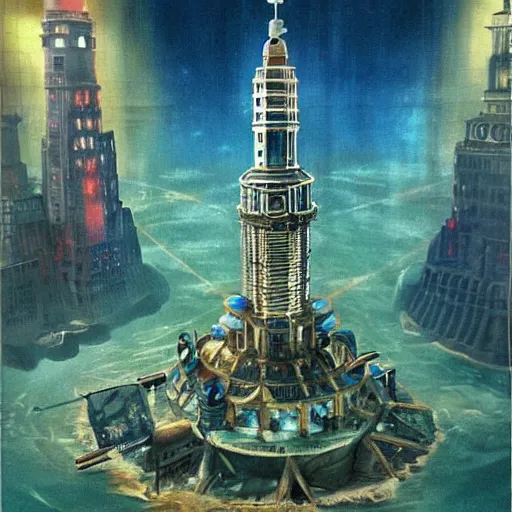 Prompt: bioshock underwater city, 1 9 5 0 s sci - fi art