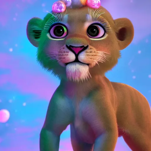Prompt: a cute baby lion, big eyes, soft fur texture, pastel colours, colorful, glitter crystals, cute, pixar animation style, detailed, soft light, octane render, 4 kb - w 6 4 0