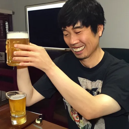 Image similar to real photo of japanese video game designer zun drinking a single beer