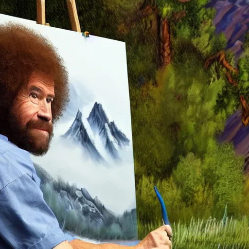 Image similar to a closeup photorealistic photograph of bob ross working on a canvas painting of spiderman. film still. brightly lit scene. mountains and trees. this 4 k hd image is trending on artstation, featured on behance, well - rendered, extra crisp, features intricate detail, epic composition and the style of unreal engine.