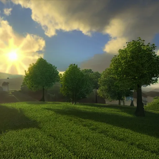 Image similar to green hill with fake clouds and fake sun, cloned houses, day, 8k, realistic, high details, volumetric light