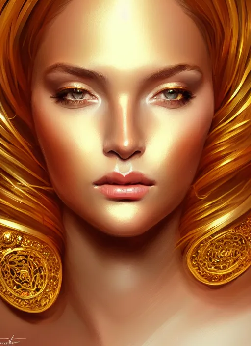 Image similar to portrait of female, gold, intricate, elegant, highly detailed, digital painting, artstation, concept art, smooth, sharp focus, illustration