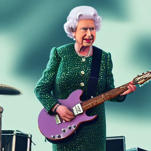 Image similar to Queen Elizabeth II rocking out on guitar, on stage at Coachella, photorealism