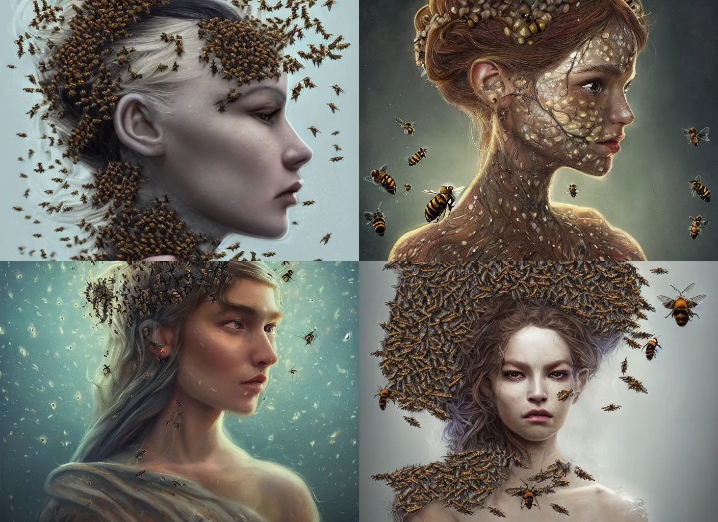 Prompt: realistic character concept, noridc princess with lots of bees in the face, elegant pose, scifi, illustration, symmetrical face and body, artstation, cinematic lighting, hyperdetailed, 8 k, inspirate by michael shapcott, inspirate by mark elliott, insanely detailed and intricate, elegant, dark fractal background, vfx, art deco, postprocessing