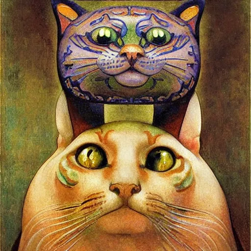 Image similar to masterpiece mechanical cloisonne cat head sculpture, by annie swynnerton and diego rivera and nicholas roerich and jean delville and charlie bowater, spacecat, symbolist, dramatic lighting, god rays, art brut, rich colors, smooth, sharp focus, extremely detailed, adolf wolfli and ( donato giancola and bilibin )