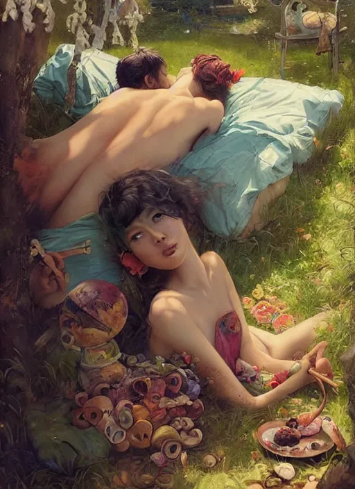 Image similar to beautiful fantasy painting scene of a chill day during summer party, by Kenne Gregoire, James Jean, Tran Nguyen, WLOP, Jakub Rebelka. trending on Artstation, 8k, masterpiece, face enhance, graffiti paint, fine detail, full of color, intricate detail, golden ratio illustration