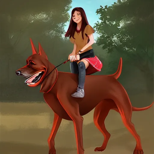 Prompt: girl riding a giant doberman dog in the park, trending on artstation