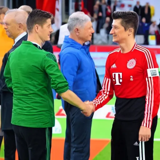 Prompt: jarosław kaczynski shaking hands with robert lewandowski