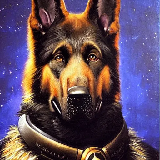 Prompt: a portrait of a man depicted as a black german shepherd dogman canine, star trek the next generation. highly detailed painting by gaston bussiere, craig mullins, j. c. leyendecker, furry