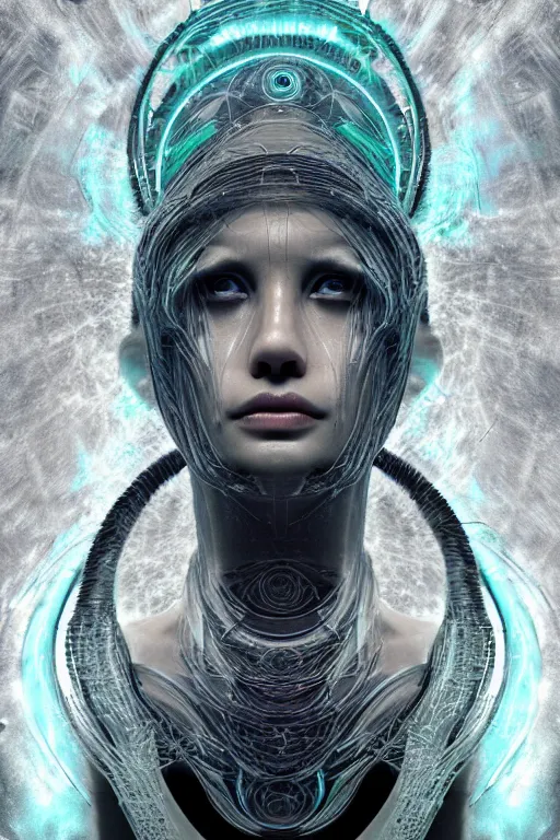 Image similar to a centered render of an ancient futuristic shaman with digital modifications surrounded by a underwater ink pour and flowing liquid gallium and complex sacred geometry, perfect body and face, powerful, cinematic, beautifully lit, by beeple, by artgerm, by karol bak, 3 d, trending on artstation, octane render, 8 k