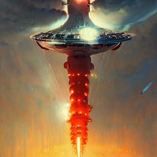 Prompt: a beautiful mothership stuck in the ground, the spaceship is on fire, smoke, rainstorm, lightning, angry, kinetic, john sargent, adolphe bouguereaum, norman rockwell, peter deligdisch, jama jurabaev, sachin teng, sergey kolesov, ruan jia, trending on artstation, highly detailed oil painting,