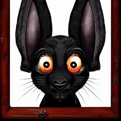 Image similar to A extremely highly detailed majestic hi-res beautiful, highly detailed head and shoulders portrait of a scary terrifying, horrifying, creepy black cartoon rabbit with scary big eyes, earing a shirt laughing, let's be friends, in the style of Walt Disney