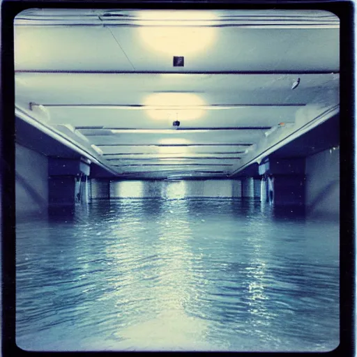 Image similar to a flooded parking garage with lights under the surface of the water, surreal, liminal, polaroid,