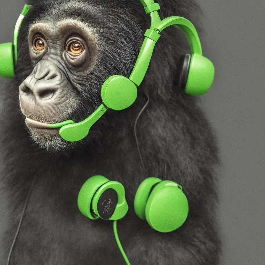 Image similar to a high quality photo of a green chimp wearing headphones, realism, 8k