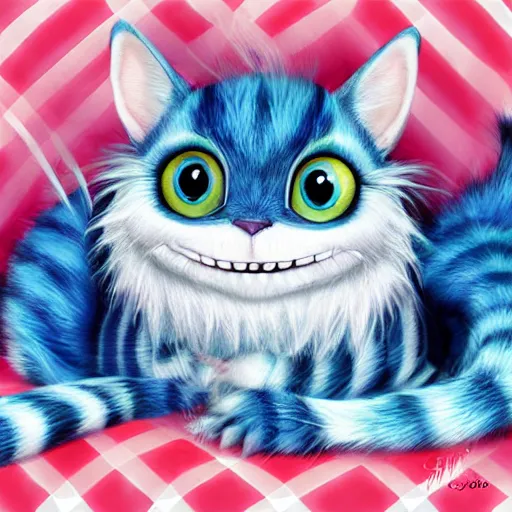 Image similar to cute blue striped cheshire cat. an adorable cat with light blue stripes, blue eyes and a big mischievous smile. award - winning digital art by mona sundberg