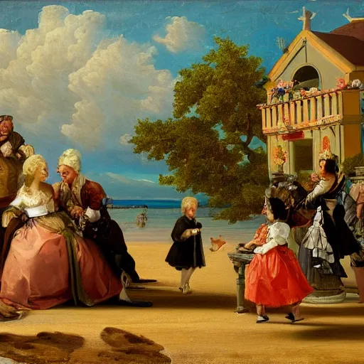 Prompt: Baroque oil painting of a Victorian beach resort