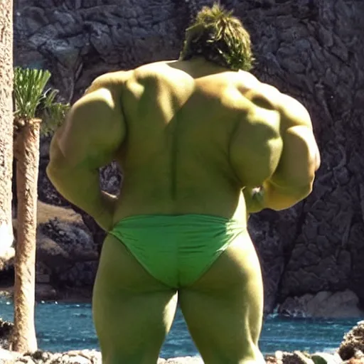 Prompt: Hulk in swimsuit