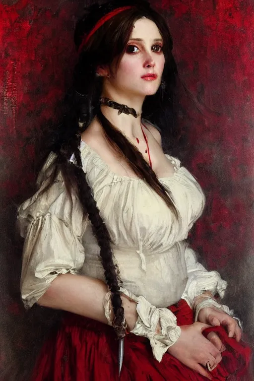Image similar to Solomon Joseph Solomon and Richard Schmid and Jeremy Lipking victorian genre painting full length portrait painting of a young beautiful woman traditional german french fashion model pirate wench in fantasy costume, red background