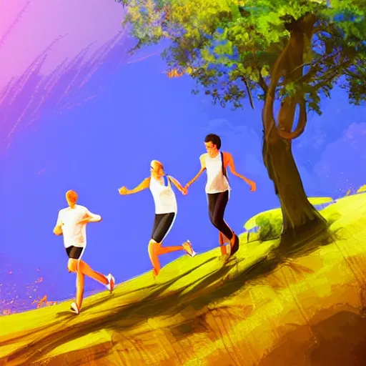 Prompt: couple running in white clothes beside a river. steep riverbank. happy summer days.. centered median photoshop filter cutout vector behance artgem hd jesper ejsing!