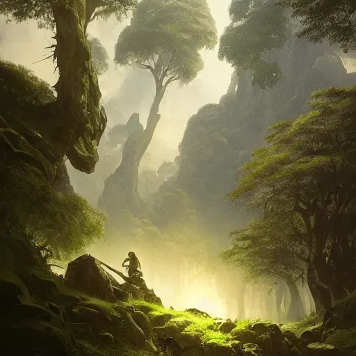 Prompt: The ancient unbelievably huge body of a fallen stone titan lying prone within a lush valley, Greg Rutkowski WLOP, dramatic lighting, view for miles, lens flare, perspective, landscape, beautiful lighting, airborne airborne airborne