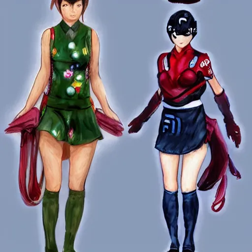 Image similar to a perfect, realistic professional digital sketch for a videogame, two Japanese schoolgirls posing, in style of Marvel, full length, by pen and watercolor, by a professional American senior artist on ArtStation, a high-quality hollywood-style sketch, on high-quality paper