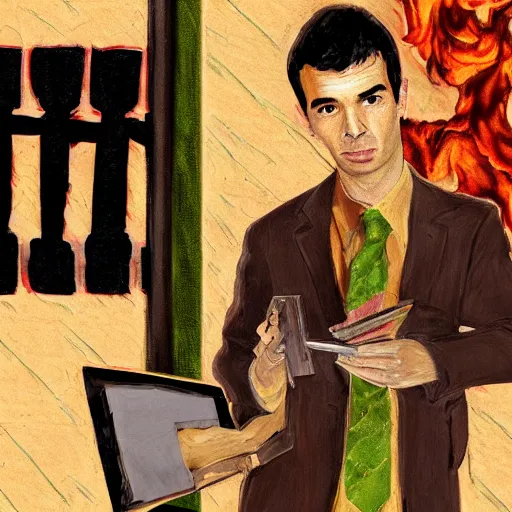 Image similar to nathan fielder walking around hell with a clipboard painted by lorenzo de'medici