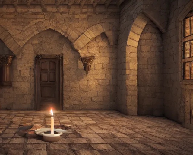 Image similar to the interior of a castle, rendered with ray tracing, volumetric lighting, smooth lighting, high detail shadows, moody lighting, candle lighting, high definition, large resolution