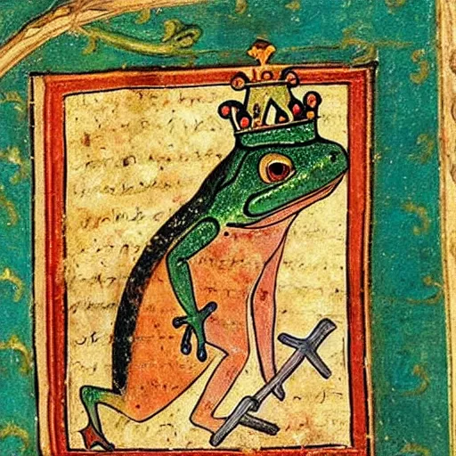 Image similar to beautiful medieval book manuscript painting of a frog wearing a crown