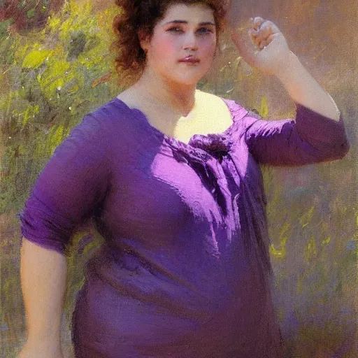 Image similar to a woman in a purple shirt with a chubby body type, painting by Gaston Bussiere, Craig Mullins