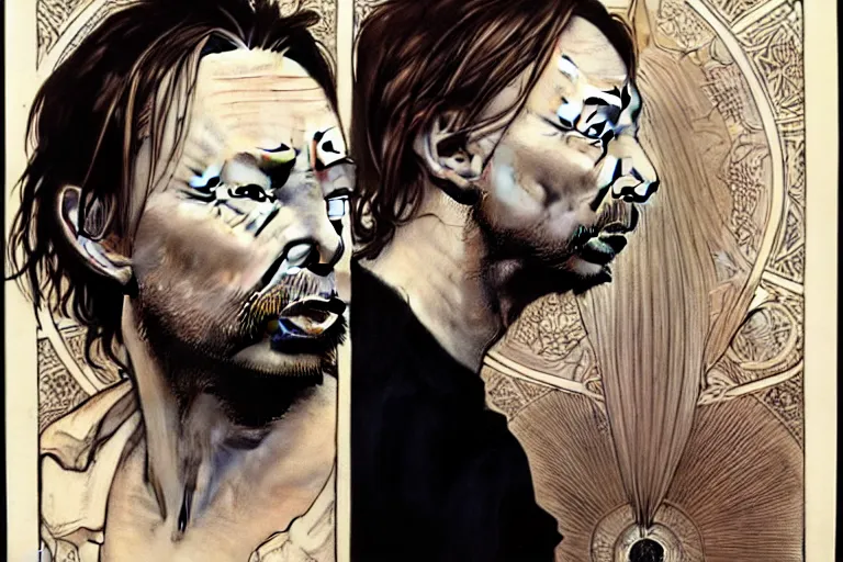 Image similar to hyper realistic portrait of thom yorke singer songwriter, side, liminal space, by lee bermejo, alphonse mucha and greg rutkowski