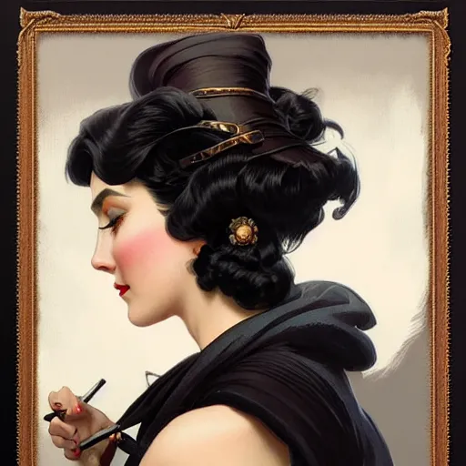 Prompt: a portrait of a woman with black hair, dressed in 1940's fashion, D&D, fantasy, intricate, elegant, highly detailed, digital painting, artstation, concept art, matte, sharp focus, illustration, art by Artgerm and Greg Rutkowski and Alphonse Mucha